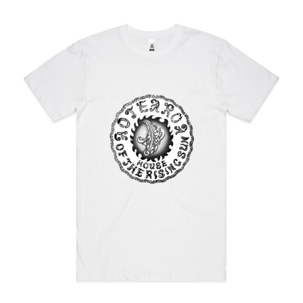Aotearoa North New Zealand Stingray Sun with Mangopare and Koru Design with Text" House of the rising Sun" for Maori and those who love Maori Culture.Mens Tshirt.Black Text Thumbnail