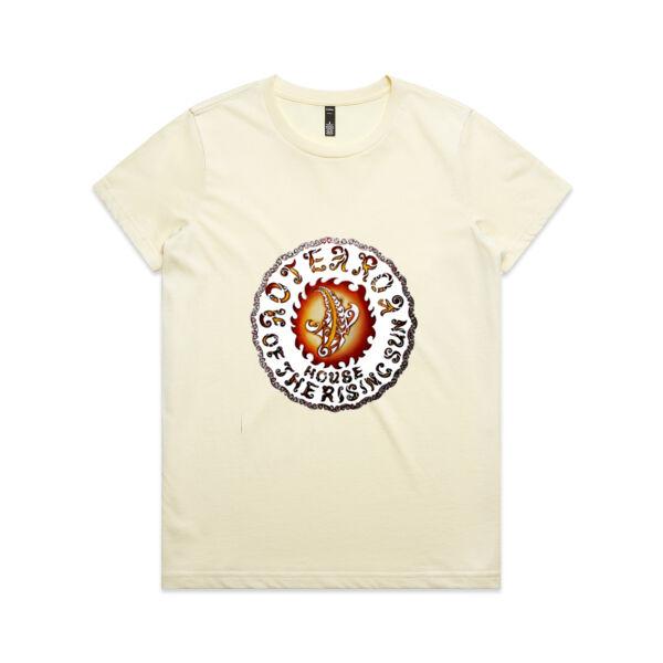 Aotearoa North New Zealand Stingray Sun with Mangopare and Koru Design with Text" House of the rising Sun" for Maori and those who love Maori Culture.Womans Tshirt.Color Text.. Thumbnail